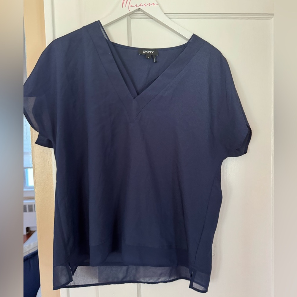 DKNY Blue Asymmetrical Short Sleeve Blouse